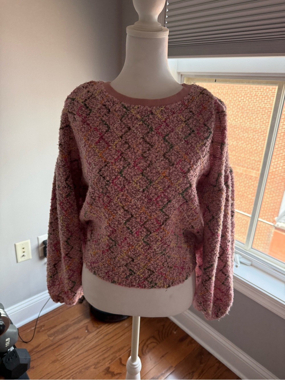 J.O.A. Pink Bouclé Crewneck Sweater with Multicolor Flecks